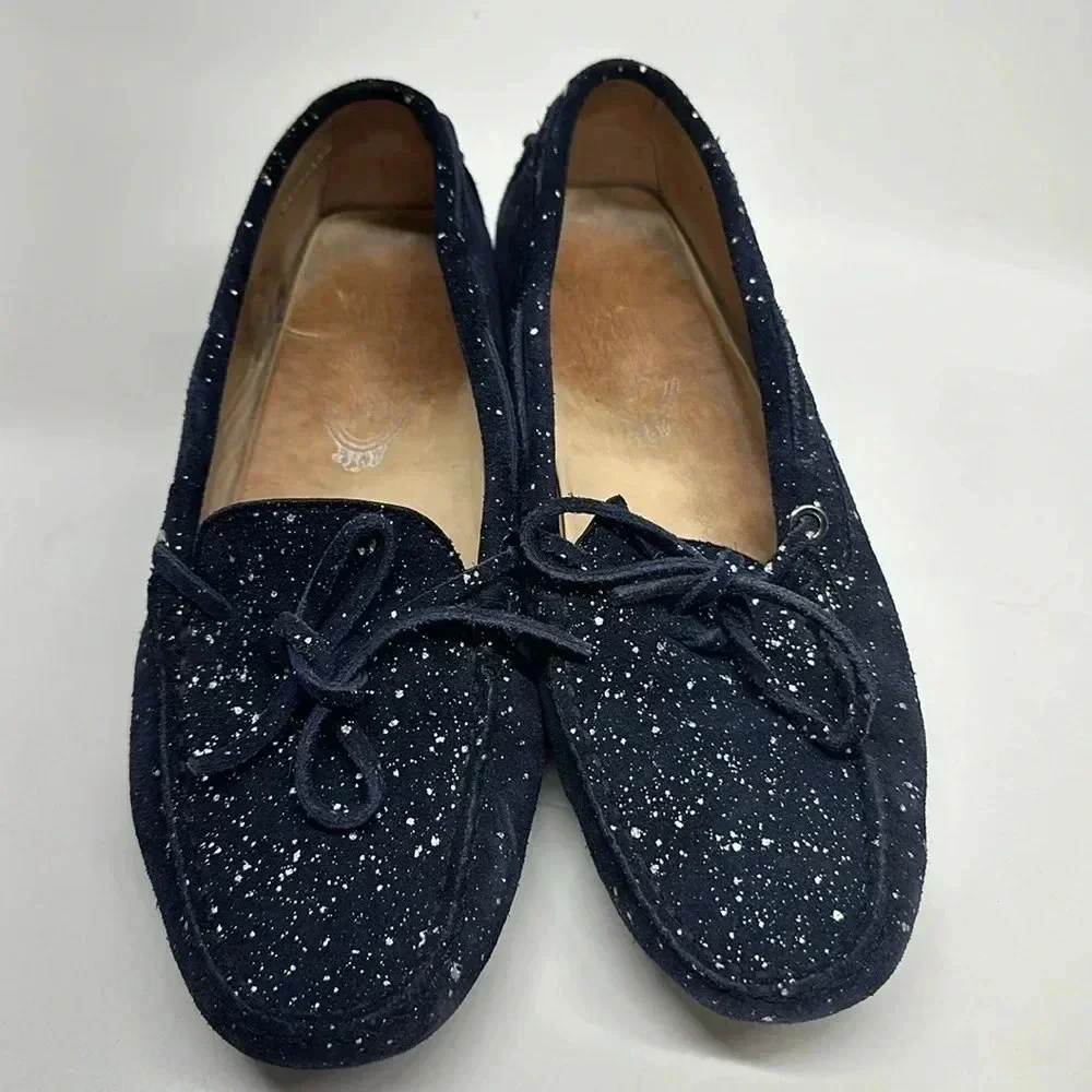 Tods Driving Moccasins Loafers Suede Leather Paint Splatter Navy Blue Size 7.5